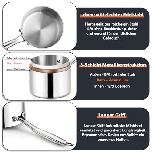 Foto von Herogo Stielkasserolle 16 cm, 18/10 Edelstahl Milchtopf mit Deckel 1,7 Liter, Saucenpfanne Kochtopf mit Langer Griff, Induktion Kasserolle für Küche/Restaurants, Ungestrichen, Spülmaschinenfest