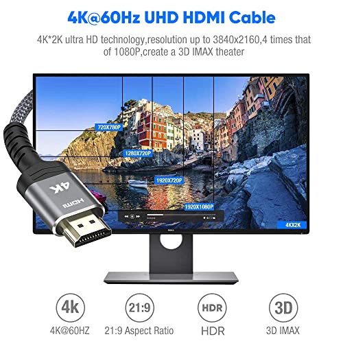 4K Hdmi Cable 15Ft,Highwings 2.0 High Speed 18Gbps Hdmi Braided Cord-Supports (4K 60Hz Hdr,Video 4K 2160P 1080P 3D Hdcp 2.2 Arc-Compatible With Ethernet Ps4/3 4K Projector Game Monitor Ect-Grey #TOP6
