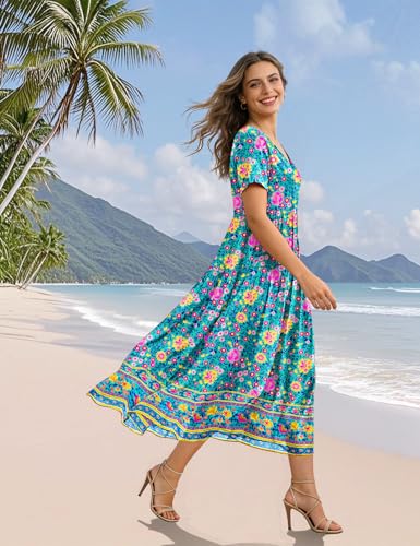 Image of YESNO Women's Summer Maxi Dresses Casual Floral Short Sleeve V Neck Boho Beach Vacation Swing Dress with Pockets EVF
