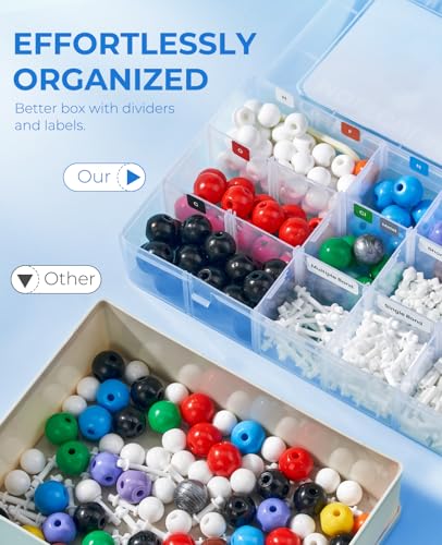Image of JoyCat 404-Piece Molecular Model Kit for Organic and Inorganic Chemistry | Includes 100 atoms, 153 bonds and a mini C60 set, plus remover tool, learning guide and labeled storage box
