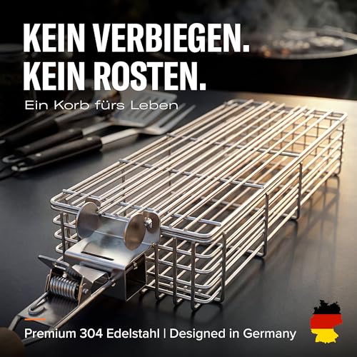 Grillkorb Edelstahl Set mit BBQ Handschuh – Perfekt für Gemüse & Fisch – Grill Zubehör für Gas-, Kohle- & Kugelgrill – Geschenk für Männer, Papa & Grillfans – Helden am Grill