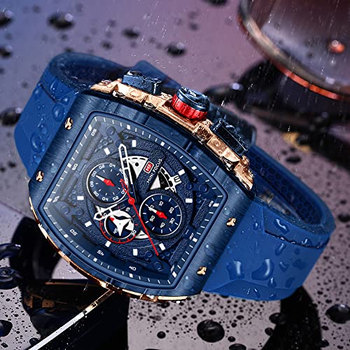 Aimes Mens Watch Fashion Hollow Tonneau Large Face Watches For Men Luxury Work Big Dial Mens Watches Cool Analog Quartz Luminous Waterproof Wrist Watch Blue Silicon Strap Dress Watch #TOP1