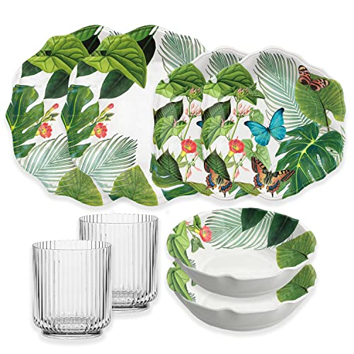 Tropical Jungle Floral Melamine/Plastic Outdoor/Camping/BBQ Full Dinnerware Set with Tumblers (2)