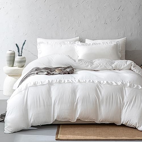 Herside White Ruffle Bedding Double Duvet Cover Set Modern Chic Ruffled on Bottom Soft Microfibre Bedding Sets 1 Quilt Cover 2 Pillow Shams (White 2 - Image 2