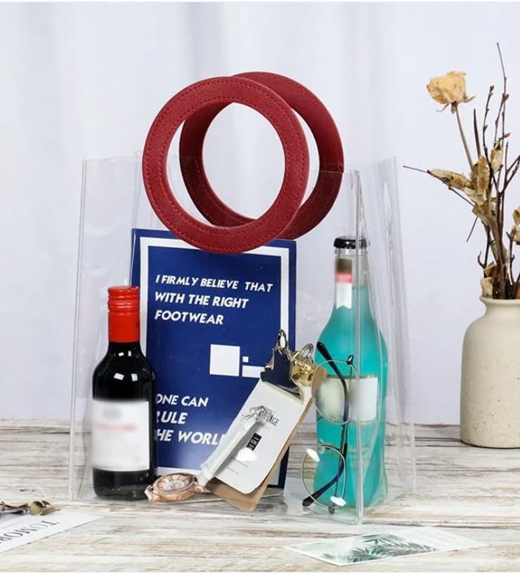 Image of SATYAM KRAFT 6 Pcs Transparent Reusable Leather Goodie Bags | Elegant Gift Bags for Her /Him Wedding Return Favors, Engagement Hampers, Marriage, Birthday & Festival Gifting | Handle Hamper Shopping Carry Bags (Red Round (28 x 25 cm))
