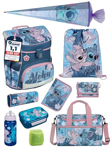 Familando - Scooli Campus Fit Schulranzen Set - 10-teilig mit Schultüte - Disney Stitch - Ergonomisch, stabil & 980g leicht - 18L Volumen - Brustgurt & Reflektoren - ab 1. Klasse