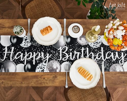 Image of Letjolt Silvery Black Balloon Happy Birthday Table Runner 72 Inches | Linen-Like Fabric, Celebrate Birthday Party Table Decor