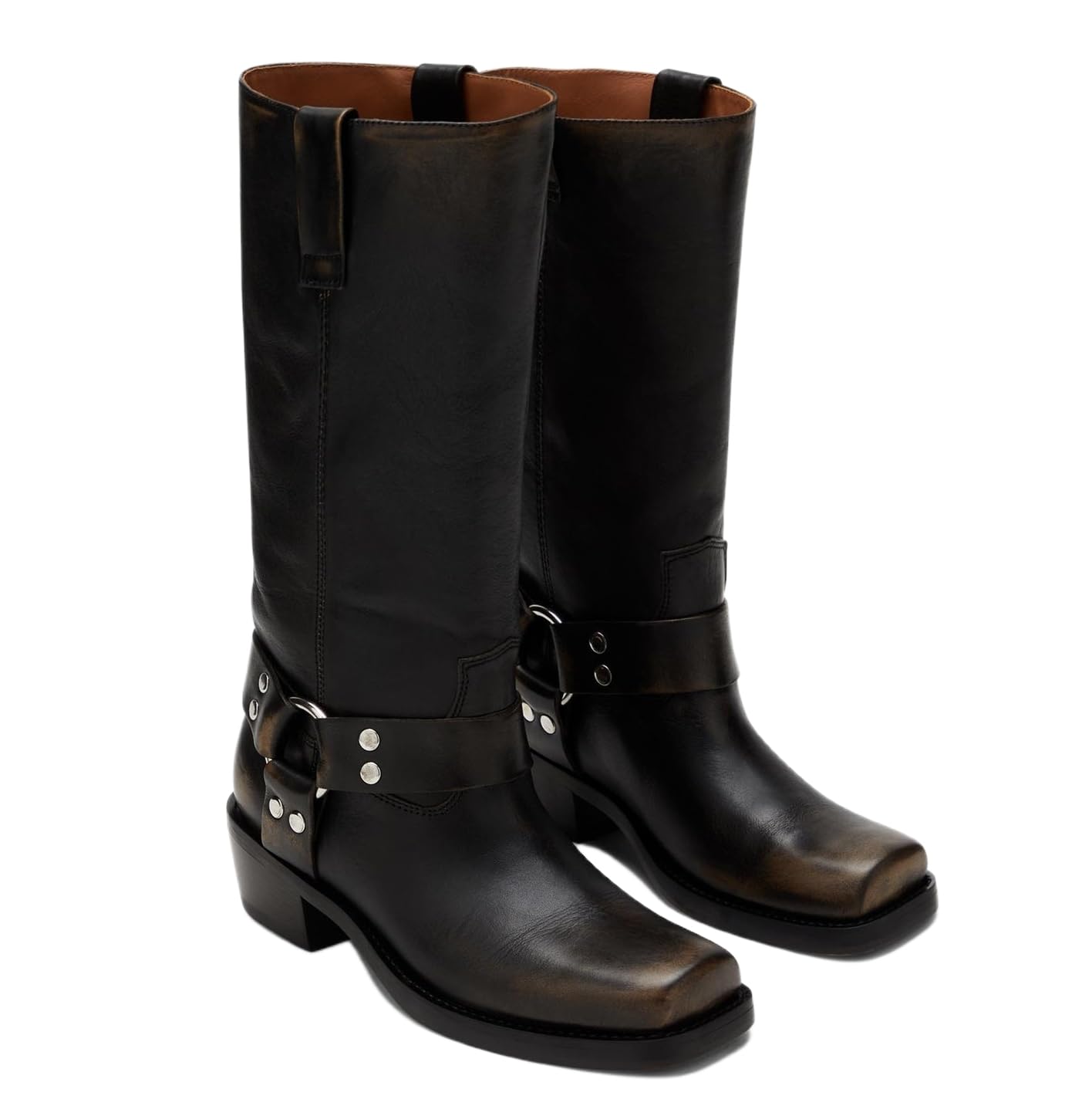 XEYANFYS Women's Western Riding Boots Mid Calf Fashion Buckle Square Toe Chunky Heel Wide Calf Biker Boots Motorcycle Pull On Boots