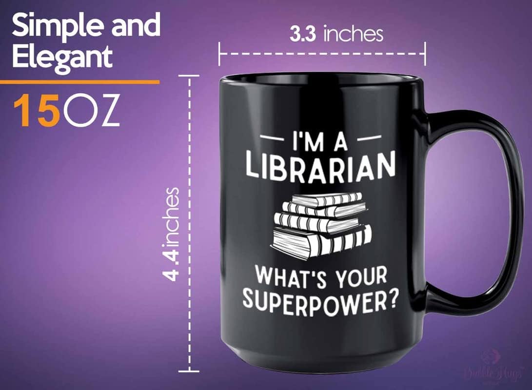 Bubble Hugs Librarian Coffee Mug 15oz Black - Librarian Pawer - Librarian Appreciation Retirement Bookish Writer Reader Book Lover Bookworm