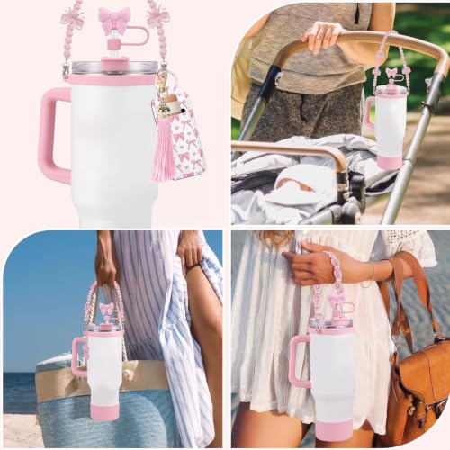 Image of House of Quirk 6 Accessories Set Silicone Straw Cover, Cup Boot, Handle Chain, Handle Strap, Sticker 40oz & 30oz Tumbler (Bow Pink, Tumbler Not Included)