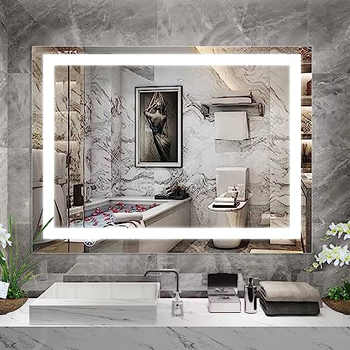 Kasiqilight Large Smart LED Vanity Mirror with Lights,48x36 Inch Bathroom Mirror Anti-Fog, Dimmable Lighted Mirror for Bathroom Wall,3 Color Temp, Hardwired