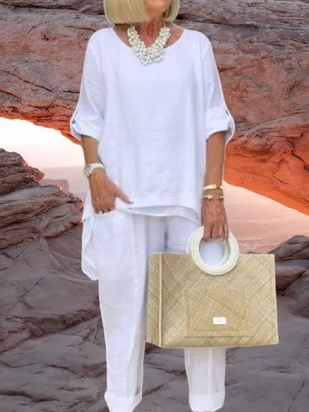 Women Linen Two Piece Pants Suit Cotton Linen Long Sleeve Shirts and Wide Leg Trousers Casual Loose 2 Piece Outfits4