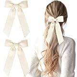 VOBOBE 2PCS Hair Bows for Women Girls, Beige Hair Ribbon Bowknot French Hair Clips Barrettes Wavy Hair Accessories for Women Girl with Long Tail (Beige)
