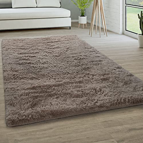 Paco Home Tapis De Salon Poils Longs Fausse Fourrure Shaggy Moelleux Monochrome, Dimension:140x200 cm, Couleur:Taupe