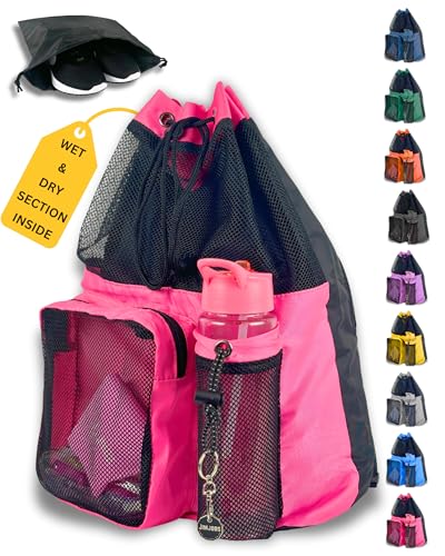 JIMJOOS Drawstring Mesh Swimming Bag - 25L Waterproof Swim Bag with Wet/Dry Compartment Multifunctional Sports Backpack for Kids Adults Swimming Surfing Beach Gym (PINK)