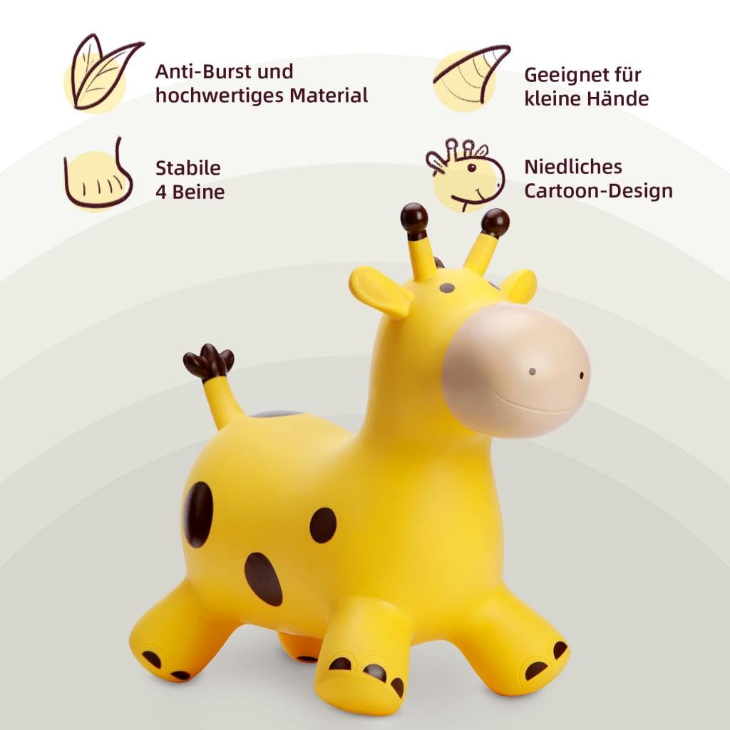 U&C Planet Hüpftier für Kinder Aufblasbare Giraffe Gelbe Giraffe Hüpfer mit Handpumpe Geschenk 1-6
