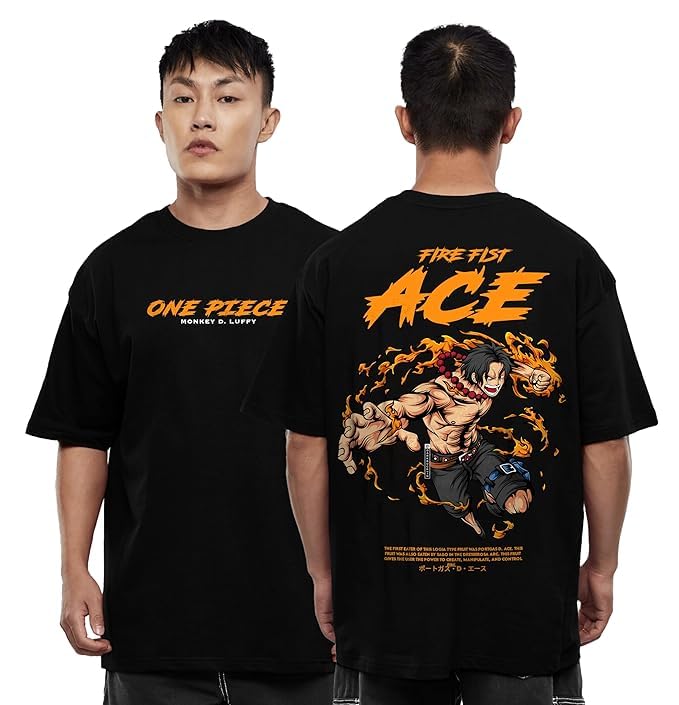 Darkbuck® Anime Oversized T Shirt for Men and Women Ace Monkey D Luffy Drop Shoulder Loose Baggy Fit Unisex Black