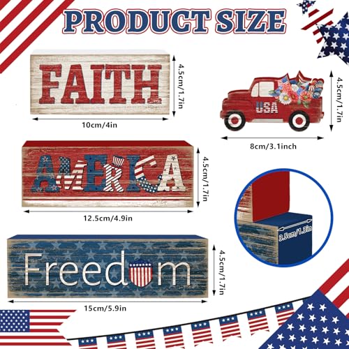 Britimes 4 Pcs Memorial Day Decor Patriotic Tiered Tray Decorations Set, 4th of July Table Sign Farmhouse Red White Blue Rustic Wooden Block Stack Sign for Home Fireplace Mantel (Independence Day Car) - Image 4