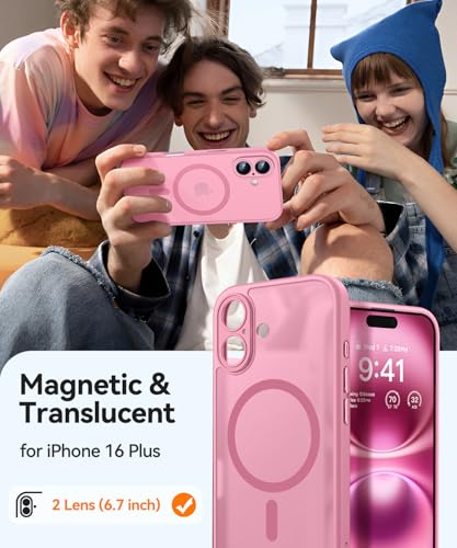 Image of CANSHN Magnetic for iPhone 16 Plus Case, Upgraded [Full Camera Protection] [Compatible with Magsafe] [Translucent Matte] Shockproof Protective Phone Case for iPhone 16 Plus - Pink