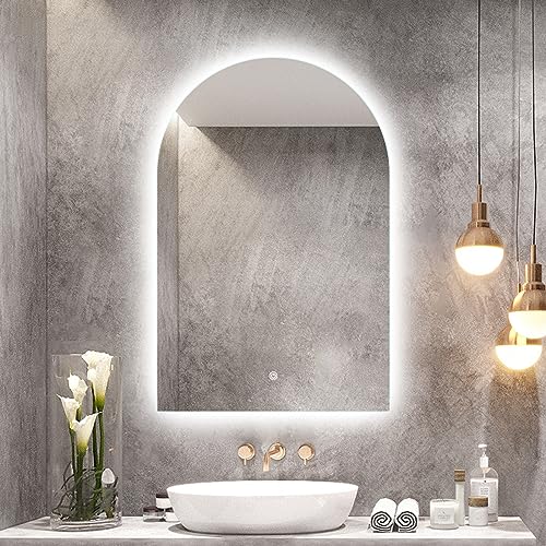 Espejo de baño LED arqueado sin 3 colores, regulable, control táctil, HD, a prueba de expones, decoración de sala de estar, tamaño T, 40 x 70 cm