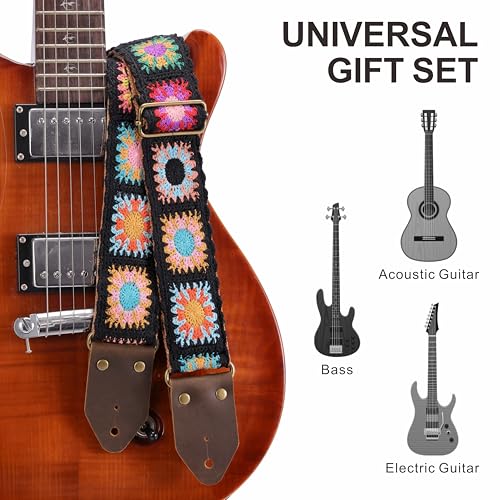 Image of Nefelibata Guitar Strap,Crazy Horse Leather Jacquard Embroidery Cotton Guitar Straps for Bass, Electric & Acoustic, Best Gifts for Guitarists(Sunflower Black Embroidery)