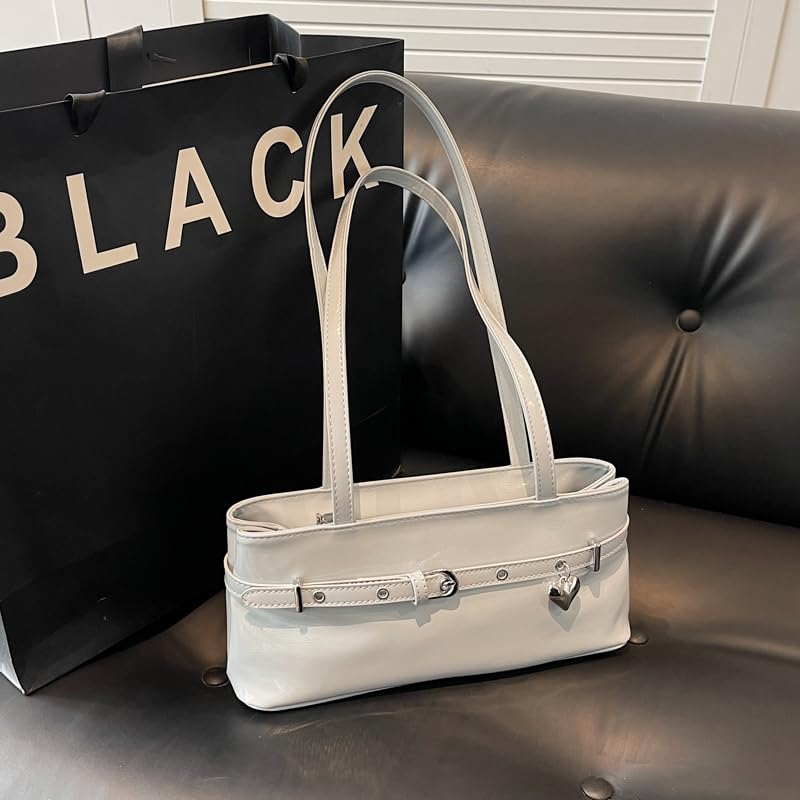 Women PU Fashion Shoulder Bag Large Capacity Simple Shoulder Purse Belt & Heart Decor Slouchy Carrying Bag Outdoor Travel Bag3