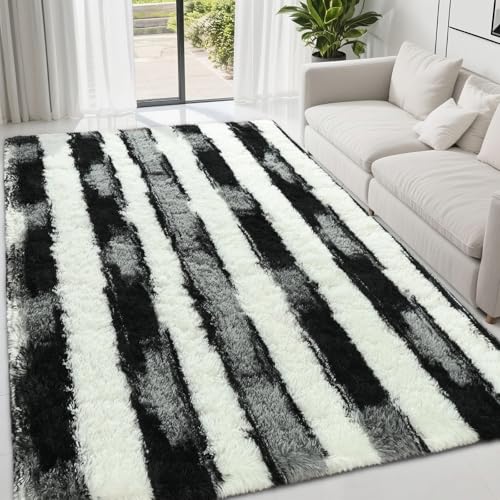 FALARK Shag Striped Area Rug, Black and White Rugs for Bedroom, 4x6 Feet Fluffy High Pile Carpet for Living Room, Modern Indoor Non Slip Washable Furry Throw Carpets for Home Decor
