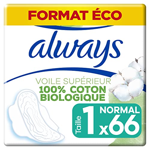 Always Cotton Protection Serviettes Hygiéniques, Taille 1, Normal, 66 Serviettes Hygiéniques Avec Ailettes, Flux Légers Jour, Format Eco, Voile 100% Coton Bio, Sans Parfum