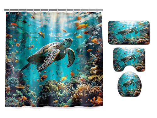 4Pcs Sea Turtle Bathroom Set - Ocean Turtle Bathroom Shower Curtain Sets with 12 Hooks, 70" x 70"