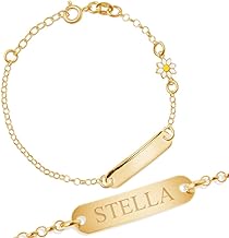 Maverton ID Kinder Armband in 925er Sterlingsilber vergoldet - mit Namen und Datum + personalisierte Geschenkbox mit Gravur - Namensarmband für Kind zur Geburt Taufe - Länge: 13-17 cm