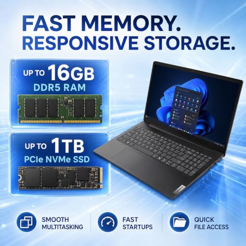 Image of Lenovo V15 Business Laptop, 15.6 inch FHD Anti-Glare Display, Intel N150 Quad-Core Processor, 8GB DDR5 RAM, 256GB PCIe SSD, Wi-Fi 6, RJ-45 Ethernet, HDMI, HD Webcam, Numeric Keypad, Windows 11 Pro