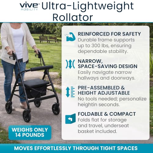 Image of Vive Ultra Lightweight Rollator Walker with Seat - Foldable, Narrow, Rolling Senior Walker for Small Spaces - 4 Wheel Aluminum Adult Easy Drive Aid with Underseat Accessory
