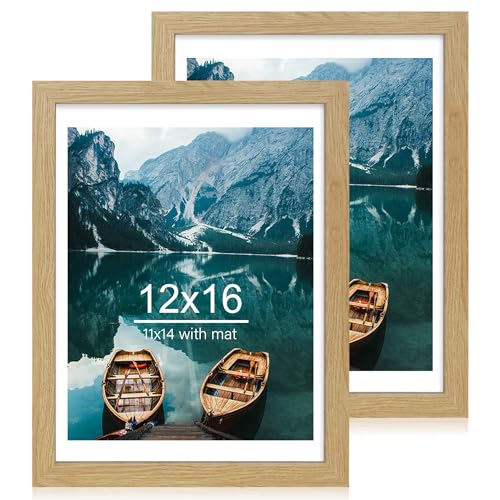 Hongkee 12x16 Picture Frame Set of 2, Natural Oak Wood Style, 11x14 Mat