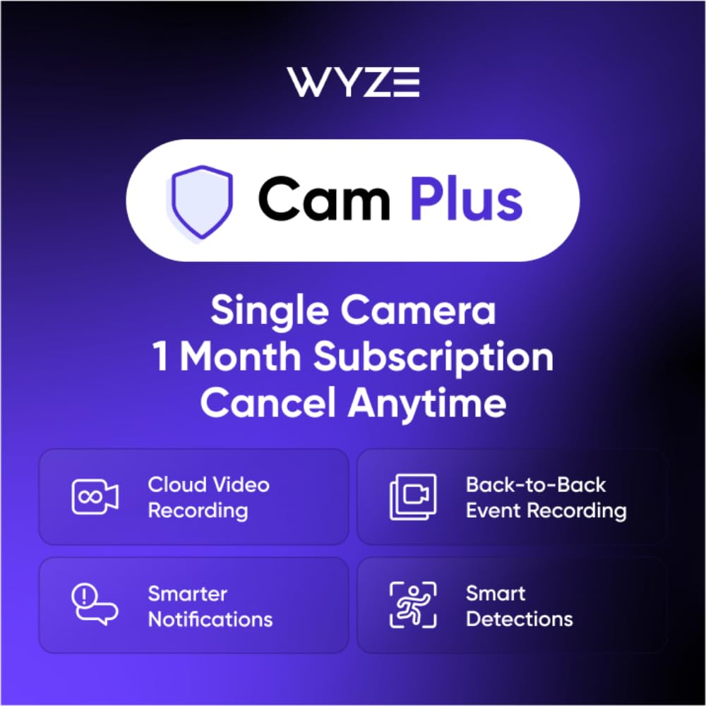 Wyze Security Plan - Cam Plus | 1 Camera | 1 Month Subscription. AI features | Smart Detection for Person, Pet, Package, Vehicle and Glass Break | Security Surveillance and Monitoring | Rolling 14 Days Event Video Recording | Activation Required | Cancel Anytime