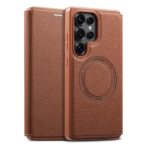 Image of Cubix Flip Cover for Samsung Galaxy S25 Ultra | Pebble-Grain Texture | N52 High-Strength Magnet | Magnetic Wireless Charging Compatible | 2 Card Slot | Slim Full Cover (Brown)