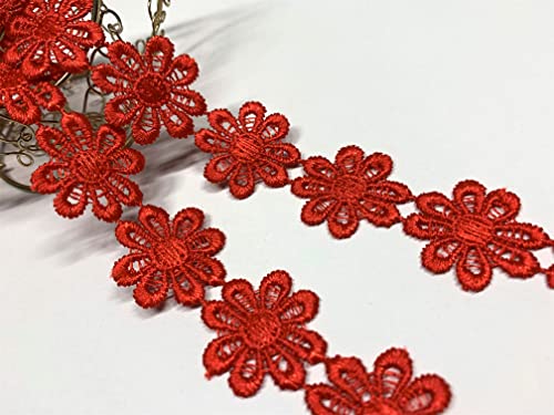 お花のレース 3M 幅2.5cm レース リボン ケミカルレース モチーフ ハンドメイド リメイク 布 生地 ハギレ (レッド)