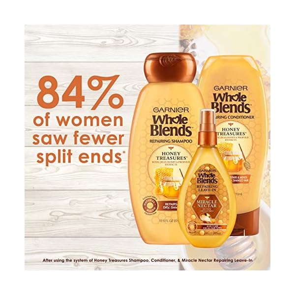 Garnier Whole Blends Honey Treasures Repairing Shampoo, Conditioner + Miracle Nectar Leave-In Set for Dry, Damaged Hair (3 Items), 1 Kit (Packaging May Vary)