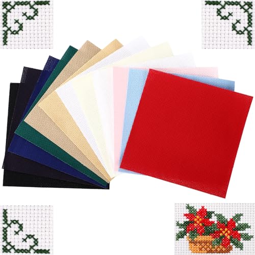 Image of HunnmingRe 12 Pcs Aida Cloth 12 Color 14 Count Cross Stitch Fabric DIY Cross Stitch for Embroidery DIY Handmade Art Craft (5.9 x 5.9 Inch)