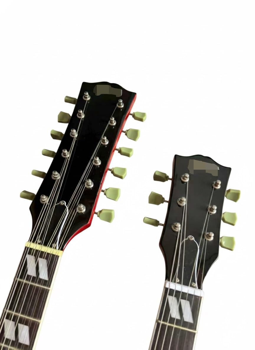 Guitarra eléctrica de doble mástil, cuerpo caoba maciza 12 y 6 cuerdas, diapasón palisandro, color rojo translúcido