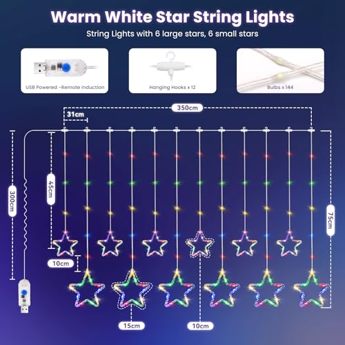 DazSpirit LED Curtain Star String Lights, 12 Stars 3.5m 144 LED Christmas Star Window Light, Remote 8 Modes, Waterproof - Image 2
