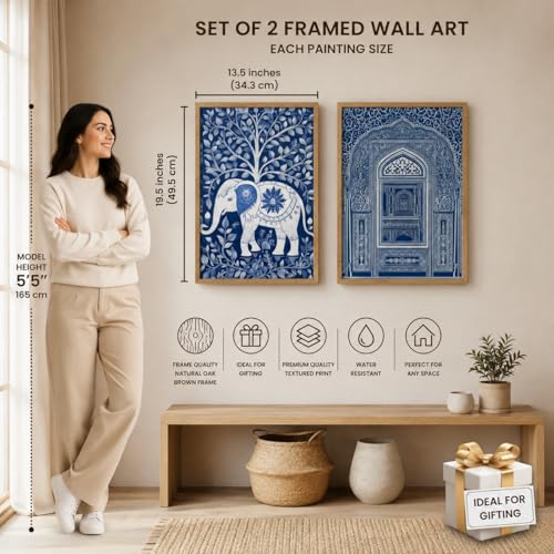 Image of Livin'luxe Set of 2 Blue Elephant Arch Wall Paintings for Living Room Bedroom Home Decor with Premium Wooden Color Synthetic Frame (13.5 x 19.5 Inch) NM02-59