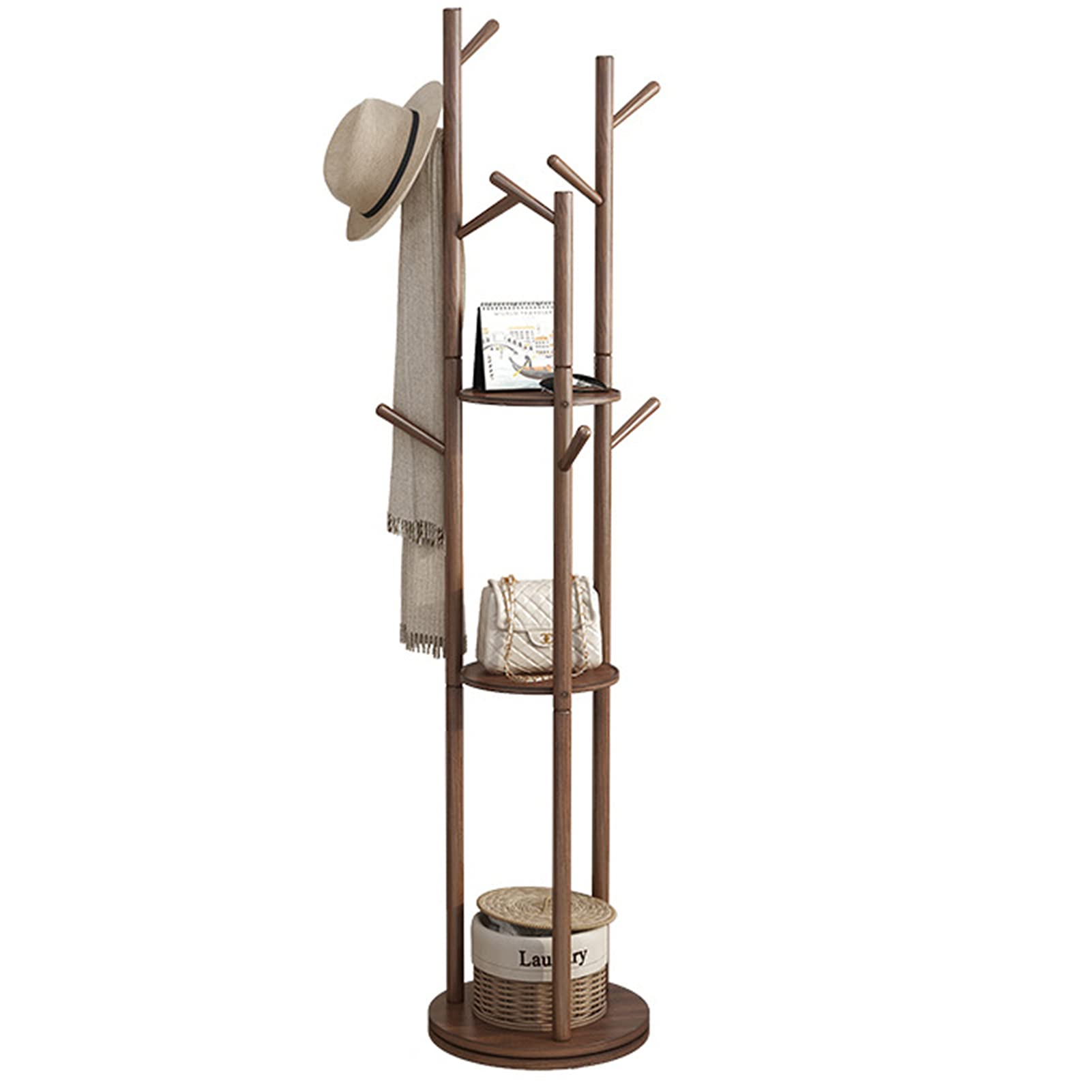 Coat Rack, Solid Wood Freestanding Corner Clothes Stand Hat Hanger Organizer Rack, with 3 Shelves and 9 Hooks,Brown