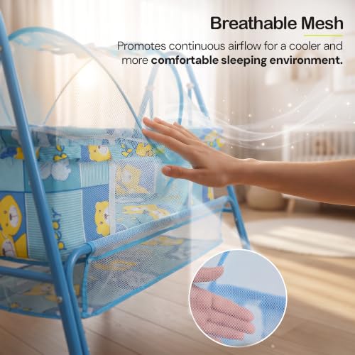 Image of BAYBEE Clora Baby Cradle and Swing with Mosquito Net | Jhula Palna for Newborns | 360 Rotating Lockable Wheels & Storage Basket | Blue