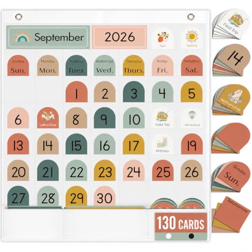 Classroom Monthly Calendar Pocket Chart for Kids Learning, 105 Cards Wall Boho Calendar and Weather, Teacher Supplies for Kindergarten Preschool Elementary Homeschool