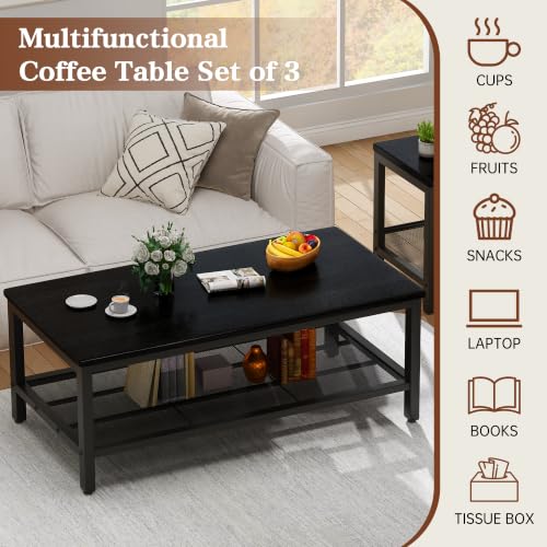 Image of 3-Piece Coffee Table and End Table Sets for Living Room, Industrial Coffee Table Set of 3 with Storage, Modern Farmhouse Rustic Living Room Table Set for Apartment Home Office