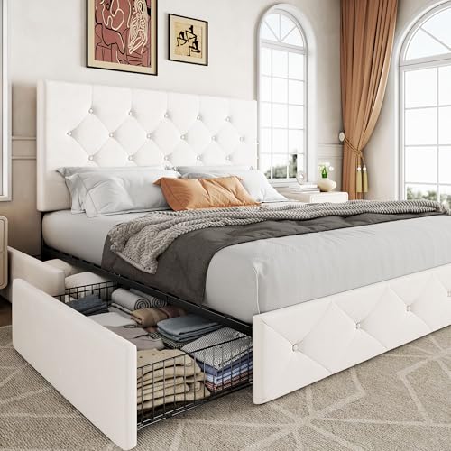Image of Allewie Upholstered Full Size Platform Bed Frame with 4 Storage Drawers and Adjustable Headboard, Diamond Button Tufted, Wooden Slats Support, Noise-Free, No Box Spring Needed, Easy Assembly, White