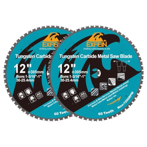 12 Inch 60T Metal Circular Saw Blade - 2-Pack EXFEIN Tungsten Carbide Tipped Saw Blade Arbor 1-3/16" for Metal Sheet or Pipe, Angle Iron, Rebar, Ferrous Metals, Non-Ferrous Metals
