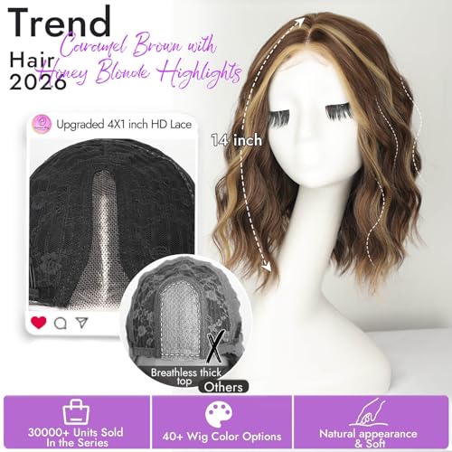 Image of Eawwii Caramel Brown with Honey Blonde Highlights Short Wavy Wig for Women Lace Hairline Bob Style Synthetic Heat Resistant - Natural Appearance for Everyday Hairstyle 14 Inch