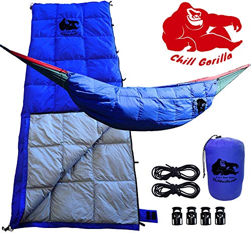 Chill Gorilla 30°F 800 Fill Power Down UNDERQUILT, Sleeping Bag, POD System for Hammocks. Designed for Hammock, Ground Camping or Backpacking. Blue