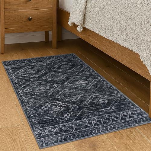 KILOCOCO Boho Entryway Rug 2x3 Printed Small Area Rug Indoor Door Mat Machine Washable Kitchen Rugs Super Soft Non Slip Throw Rugs for Bedroom Entrance Geometric Laundry Room, Charcoal